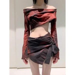 Women's Sexy One-shoulder Fashion Suit Set Mixed-color Half-skirt Two-piece